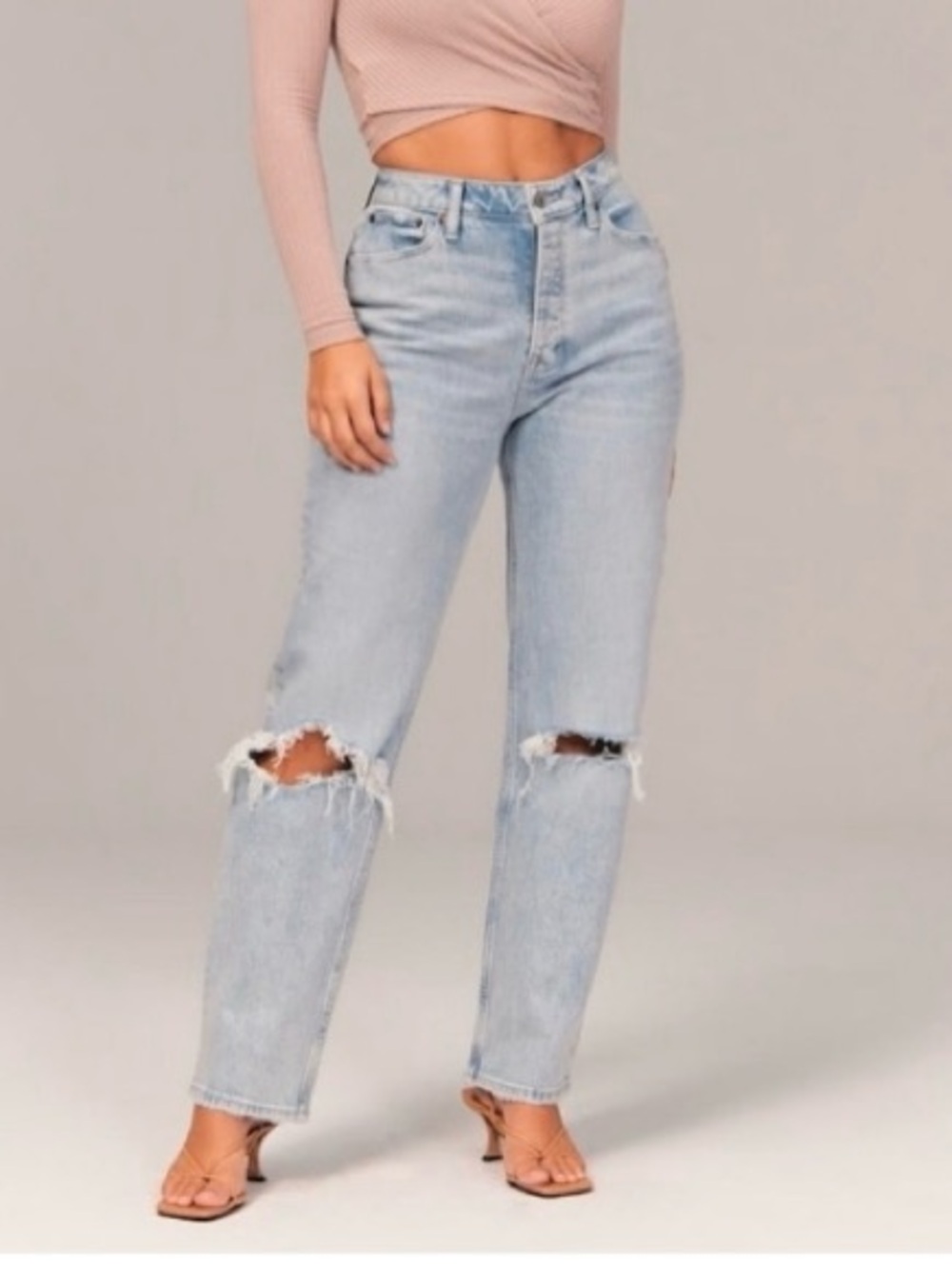 Abercrombie & Fitch The Dad High Rise Curve Love Jeans Light Distressed Denim 26